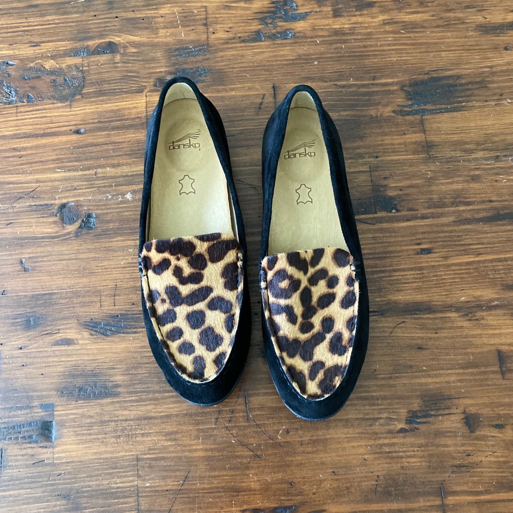 Dansko Lori Black Suede Leopard Calf Hair Slip On Loafers Womens Sz 37 US 6.5-7